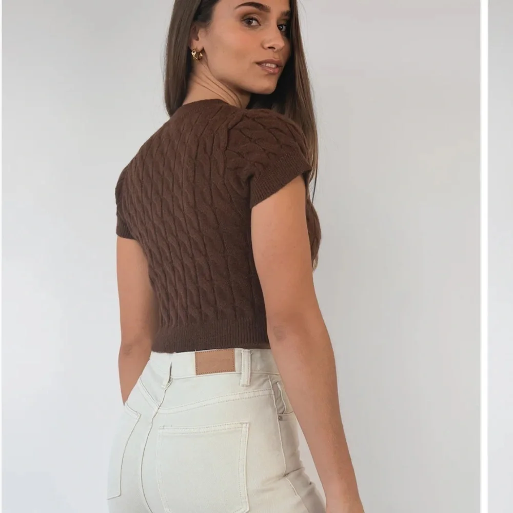 Ann Taylor LOFT mocha brown cable knit short sleeve button up sweater shirt L - Picture 4 of 11